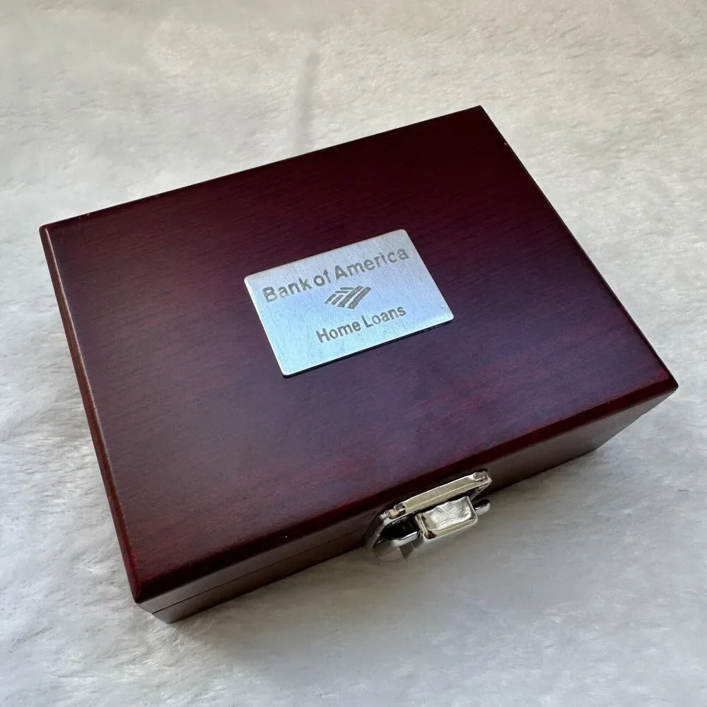 VINTAGE Bank of America Home Loans Metal Wine Stoppers‎ Set of 2 in Hinged Box